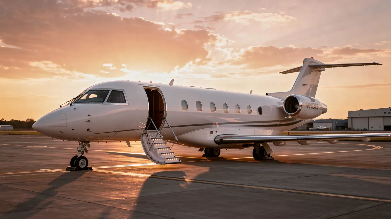 A private jet sits on the tarmac at sunset, with its cabin door open and stairs extended, inviting travelers to board. The aircraft is designed for luxury, featuring spacious business class seats that offer lie flat beds for a comfortable experience on long haul flights.