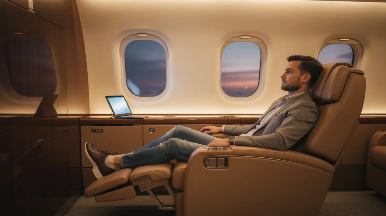 A traveler is reclining in a wide leather seat within a luxurious private jet cabin, surrounded by soft warm lighting that enhances the elegant interior design. A tablet rests on the armrest, showcasing the comfort and quality of the Gulfstream aircraft's interiors, designed for an exceptional flying experience.