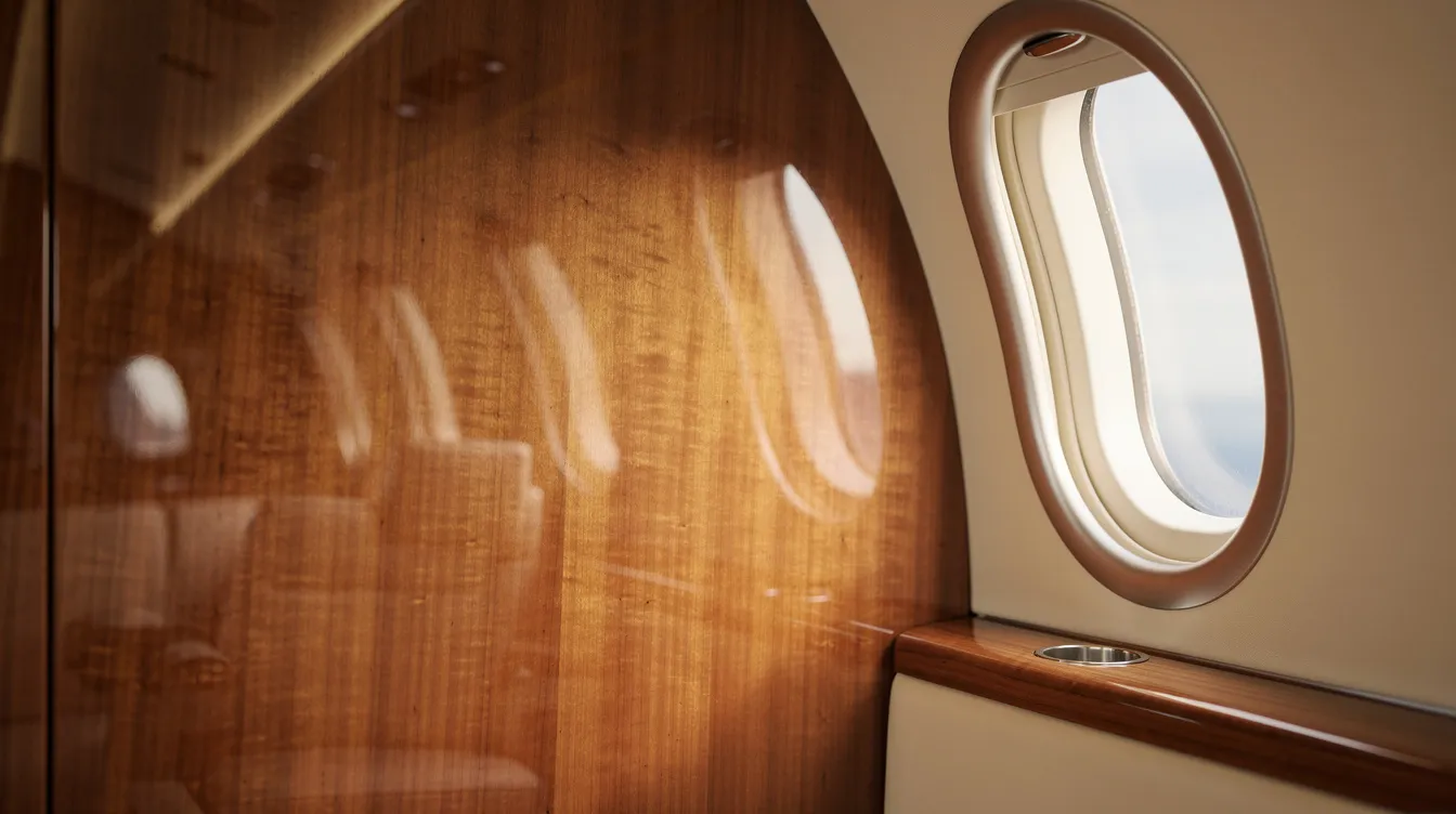 A close-up view of polished wood veneer panels showcases the exquisite craftsmanship and luxury of a private jet cabin, illuminated by soft ambient lighting. The wide oval windows enhance the spacious feel, reflecting the attention to detail and quality that Gulfstream aircraft interiors are known for.