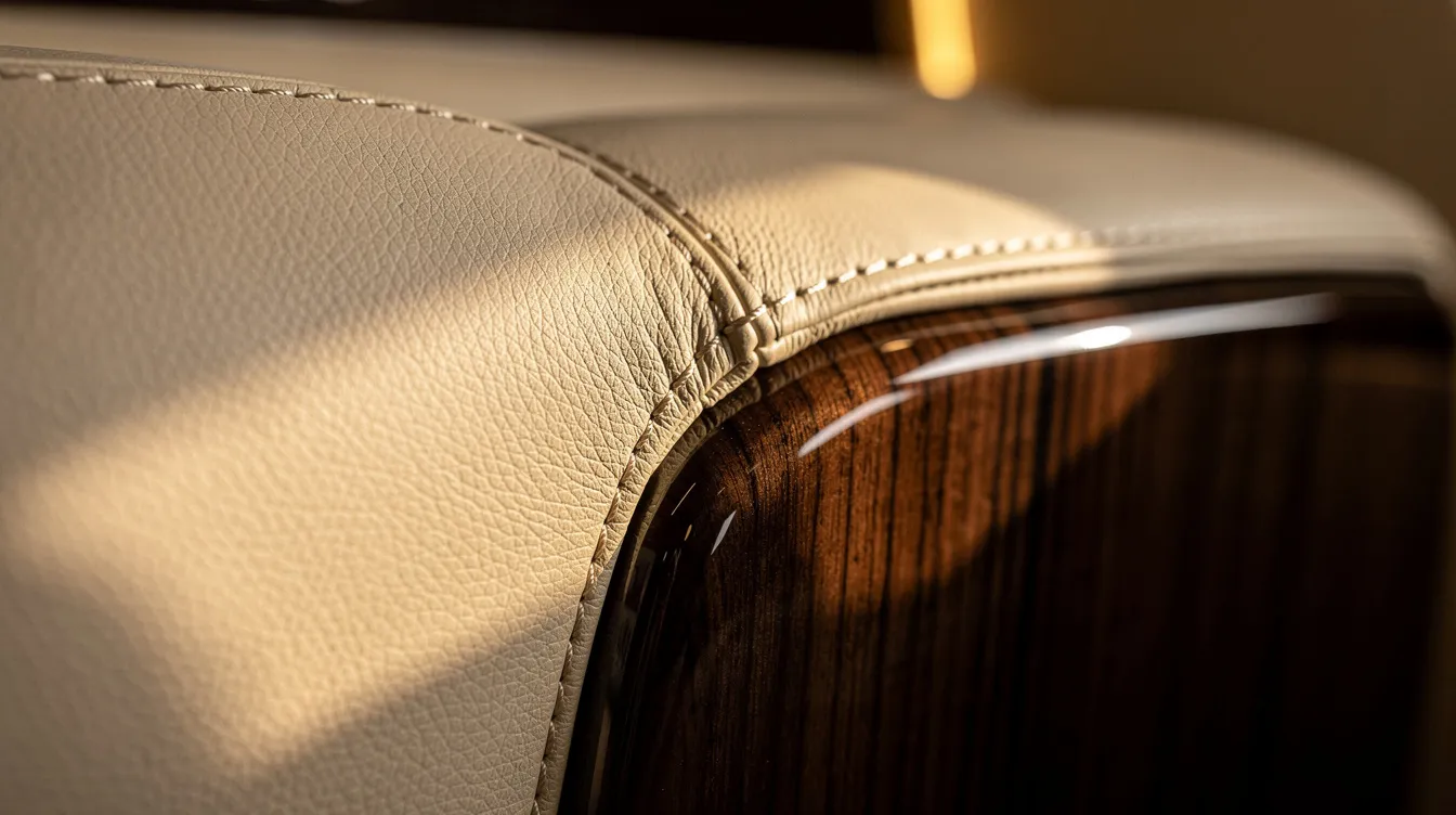 A close-up view showcases the exquisite craftsmanship of hand-stitched cream leather paired with rich wood grain veneer, highlighting the luxurious interior design of a Gulfstream aircraft cabin. This detail reflects the quality and artistry that defines private aviation, creating a comfortable and elegant space for clients during their journey.