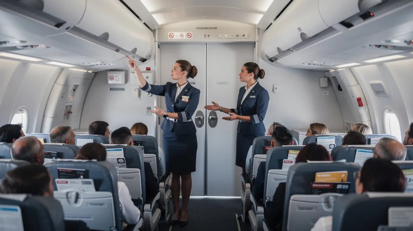 The image shows the interior of an aircraft cabin during a safety demonstration, where flight attendants stand near emergency exits, pointing to overhead equipment and explaining emergency procedures. This scene highlights the important role of cabin crew in ensuring passenger safety and the training required to become a flight attendant.