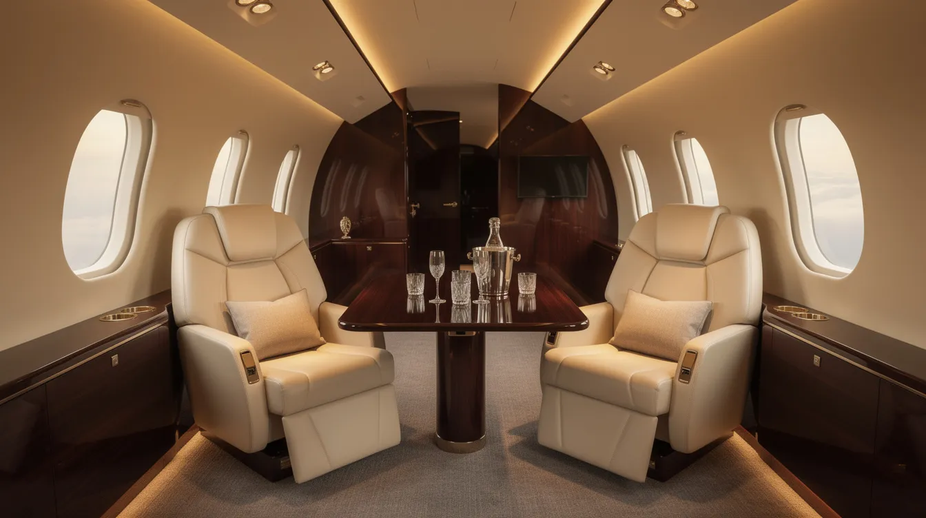 The image depicts a luxurious private jet cabin interior featuring plush leather seats, warm ambient lighting, and a small table elegantly set with fine glassware, creating an inviting atmosphere ideal for a comfortable flight experience. This setting highlights the standard of service that flight attendants are trained to provide, ensuring a high level of customer satisfaction during air travel.