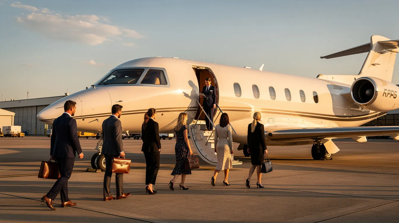 A group of passengers is boarding a luxurious private jet on a sunny afternoon, showcasing the elegance of executive jet management. The scene highlights the exclusive experience provided by private jet charter companies, emphasizing the comfort and service associated with flying in a top-tier aircraft.