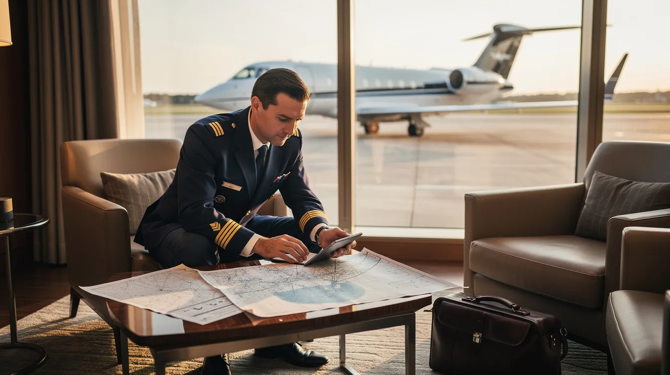 A professional pilot is seated in an executive aviation lounge, intently reviewing flight plans on a tablet, surrounded by sleek, modern furnishings that reflect the high standards of executive jet management. The atmosphere suggests a focus on safety and excellence, essential in the private jet charter industry.