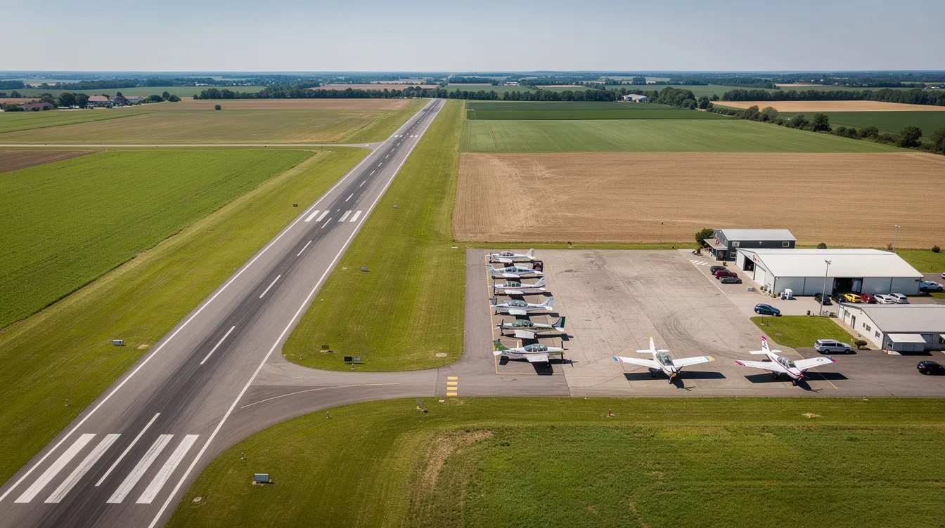 An aerial view captures a small regional training airport surrounded by open fields, featuring several single-engine aircraft parked on the ramp, ideal for flight training. This scene represents a hub for aspiring pilots, where they can begin their journey toward obtaining a private pilot license through various flight lessons and training programs.