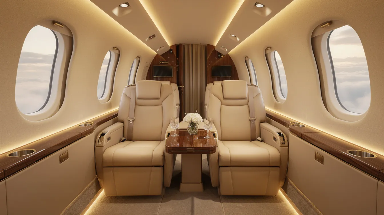 The image depicts a luxurious private jet interior featuring plush leather seats and sophisticated cabin lighting, creating an elegant atmosphere for passengers. This opulent setting may attract prospective flight attendants interested in the aviation industry, where major airlines like United Airlines and Delta Airlines offer competitive pay and benefits for their cabin crew.