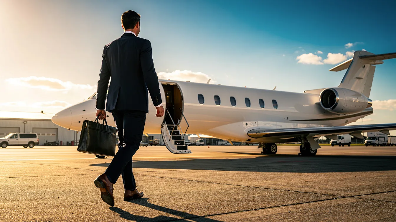 An executive dressed in a tailored suit confidently walks toward a sleek private jet on a sunlit tarmac, with the bright blue sky overhead accentuating the luxury of private air travel. This scene reflects the high-profile lifestyle often associated with major airlines and the aviation industry.