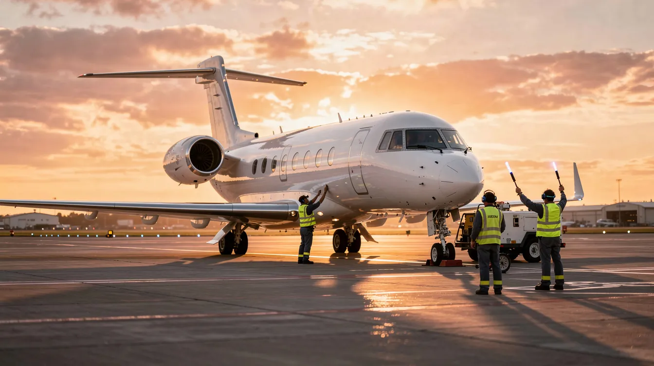 A private jet is parked on a tarmac at sunset, casting a warm glow over the scene, while ground crew members are nearby, preparing for the next flight. This image captures the essence of private aviation, highlighting the meticulous service and attention to detail that discerning travelers expect from their luxury travel experiences.