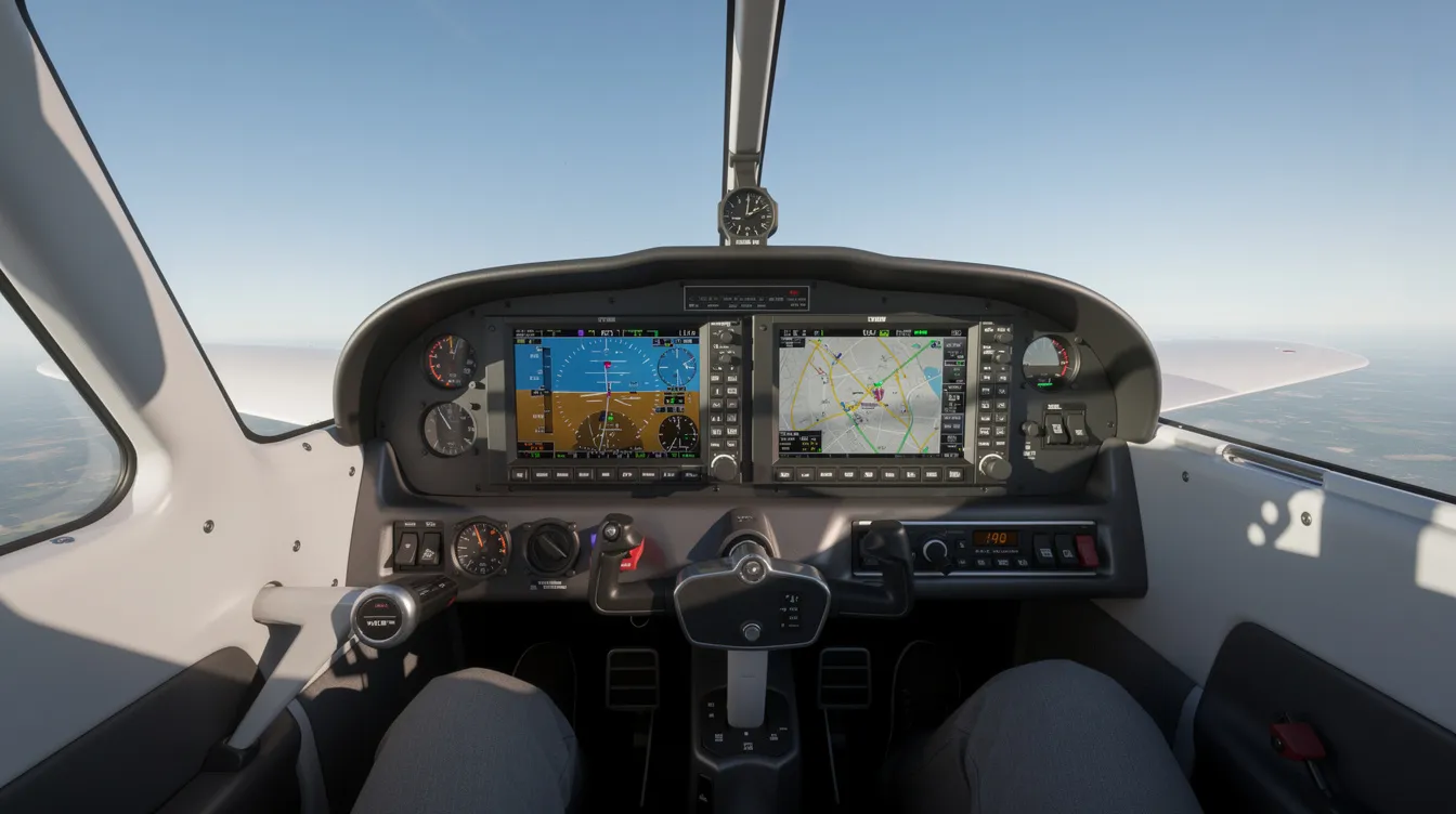 The image depicts a cockpit view inside a modern light sport aircraft, showcasing advanced glass panel avionics against a backdrop of a clear blue sky. This setting is ideal for aspiring pilots pursuing their sport pilot certificate, emphasizing the modern technology used in flight training.