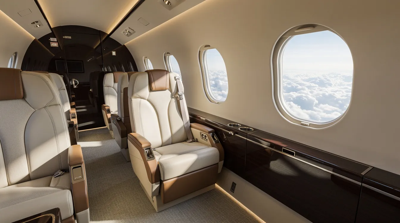 The image depicts the interior of a modern private jet cabin featuring plush leather seats and ambient lighting, with a panoramic window showcasing a view of fluffy white clouds. This luxurious space is designed for comfort during long-distance flights, catering to pilots and passengers alike in an environment that emphasizes both style and functionality.