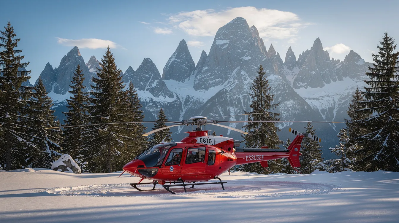 A red helicopter is seen landing on a snowy mountain clearing, surrounded by majestic alpine peaks in the background. This scene highlights the allure of private helicopter travel, offering quick access to remote locations while enjoying breathtaking views.
