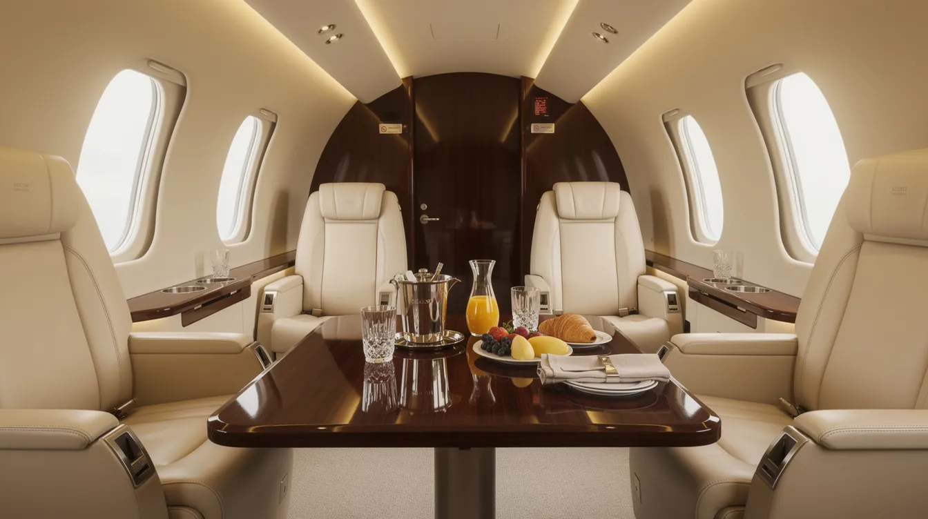 The image depicts the luxurious interior of a modern private jet cabin featuring cream leather seats, soft ambient lighting, and a polished wood table elegantly set with refreshments, offering a superior in-flight experience for discerning clients traveling to or from Nashville. The design emphasizes comfort and convenience, ideal for both business and leisure travelers seeking private jet charters.