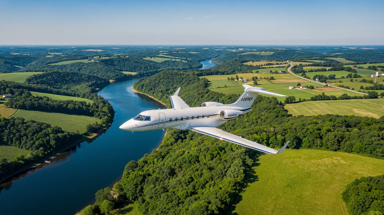 An aerial view captures a private jet soaring over lush green rolling hills and meandering rivers in Tennessee on a clear day, showcasing the beauty of the landscape near Nashville. This scene highlights the luxury of private jet travel, emphasizing the convenience and exclusivity that comes with flying private.