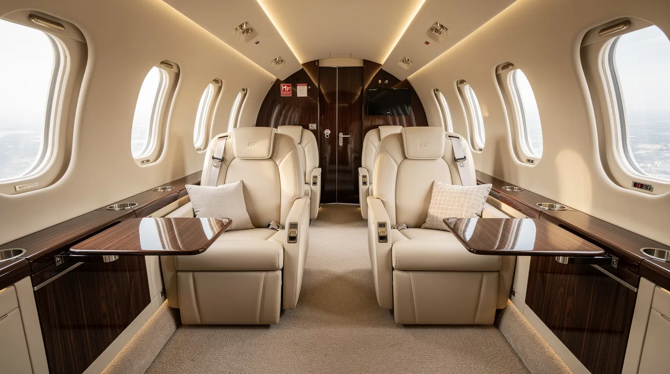 The image depicts the interior of a luxurious private jet cabin, featuring wide cream leather seats and large oval windows that allow natural light to flood the space, complemented by polished wood accents. This elegant setting exemplifies the comfort and sophistication associated with the Gulfstream product line, ideal for business aviation.