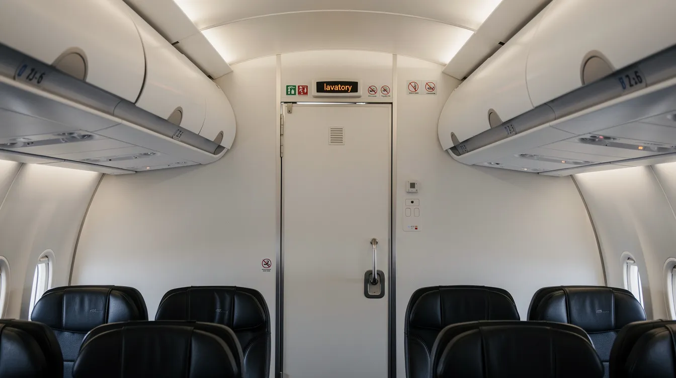 A close-up view of the rear section of a narrow-body aircraft cabin, featuring overhead bins and a lavatory door, showcases the arrangement of main cabin seats and the overall layout typical of the Embraer 175. The image highlights the available storage options and the design of the economy class seating area.