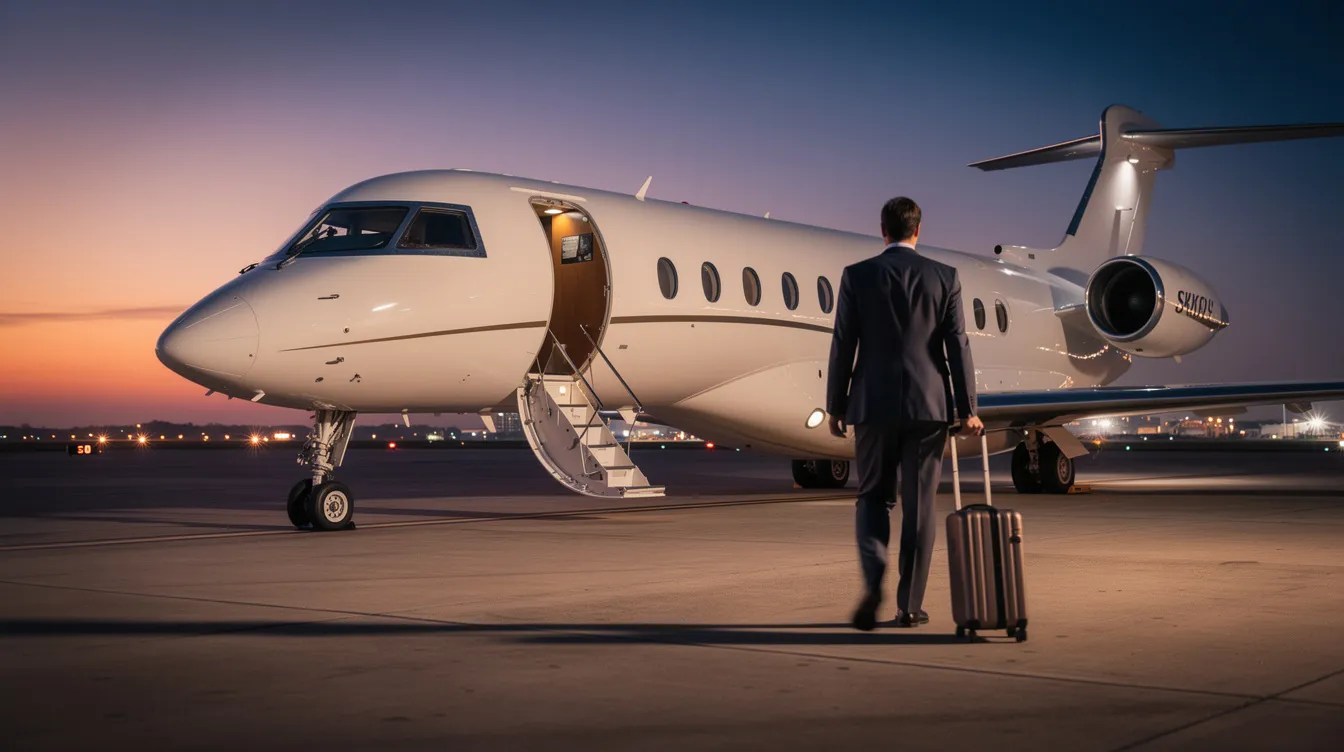 A private jet is parked on the tarmac at dusk, with a passenger walking towards the aircraft stairs, ready to embark on their journey. The scene captures the sleek design of the aircraft, emphasizing its luxurious features and the anticipation of travel.