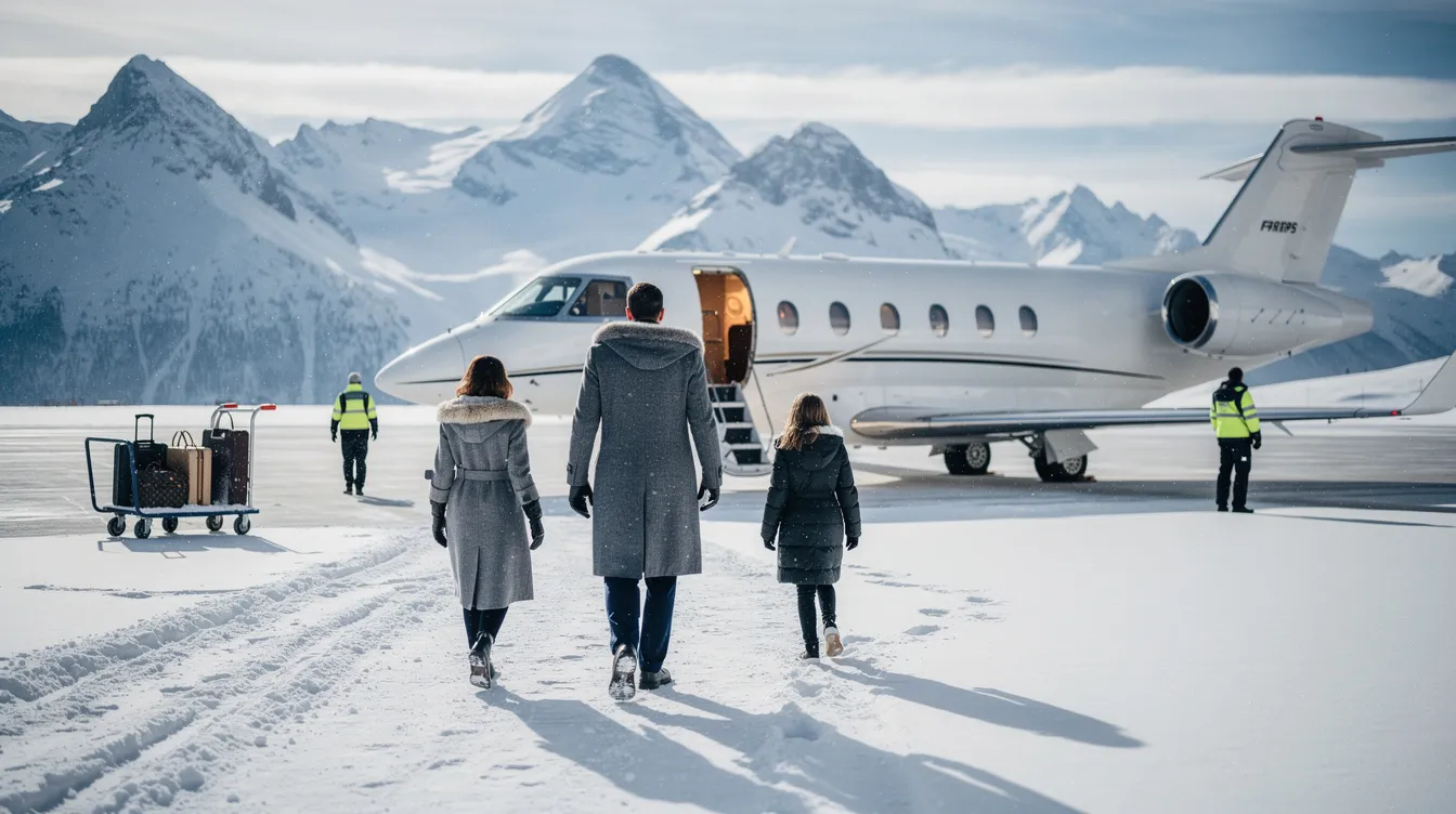 A family is walking toward a private jet on a snowy mountain airfield, with majestic peaks in the background, showcasing the beauty of private aviation. The scene reflects a commitment to safety and operational excellence, emphasizing the importance of adhering to the highest safety standards in the aviation industry.