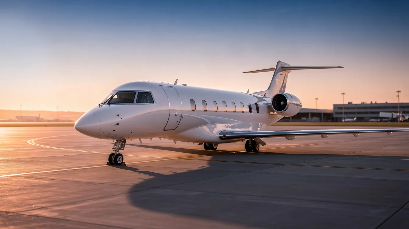 A sleek private jet is parked on a tarmac at sunset, with a clear sky serving as the backdrop. This image reflects the professionalism and commitment to safety standards upheld by private aviation operators, ensuring the highest level of safety and operational excellence for their clients.