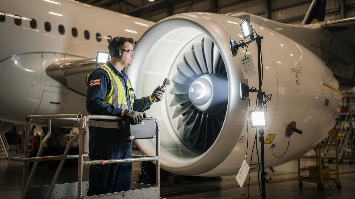 An aircraft maintenance technician is diligently inspecting a jet engine, utilizing various tools and inspection lights to ensure adherence to the highest safety standards and maintenance practices. This scene highlights the technician's commitment to aviation safety and operational excellence, reflecting the rigorous safety protocols mandated by industry regulations.