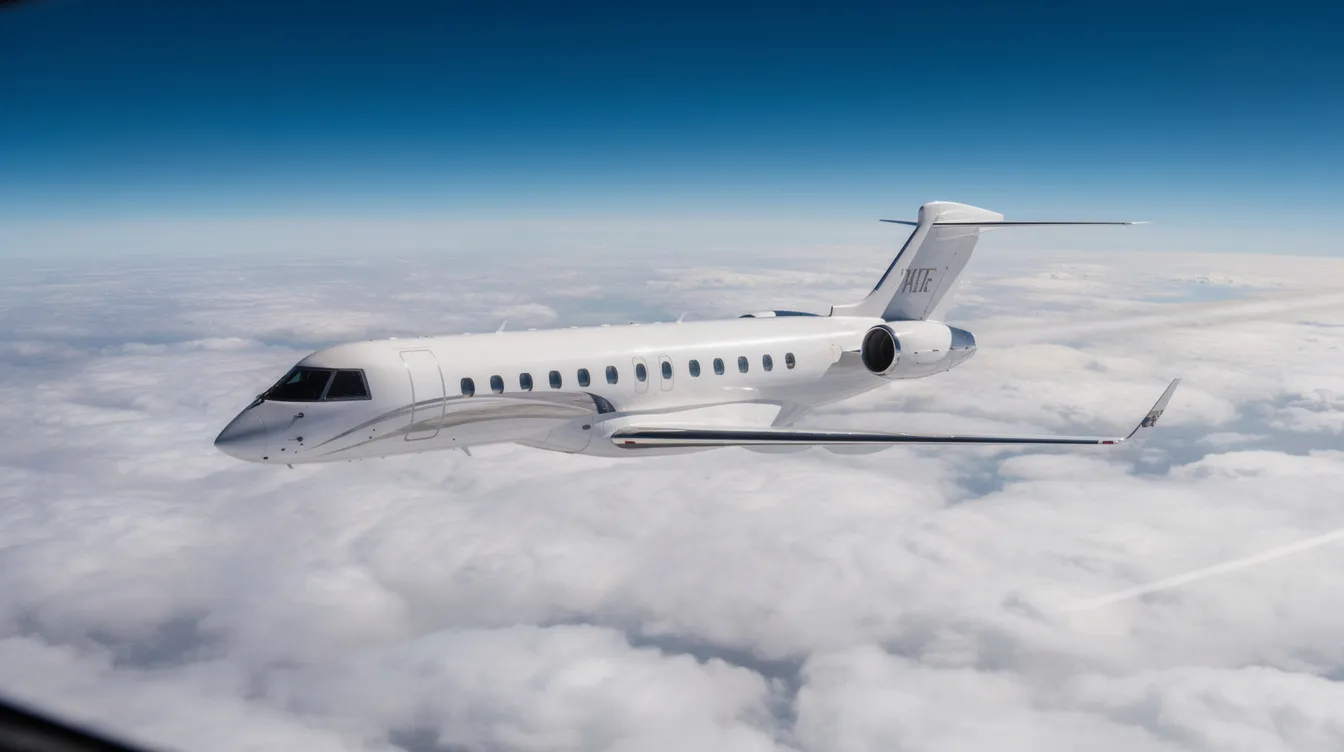A sleek large-cabin business jet, part of the Gulfstream fleet, soars at high altitude above a blanket of white clouds, with a vibrant blue sky overhead. The aircraft, designed for exceptional comfort and equipped with key safety features, embodies the pinnacle of private aviation.