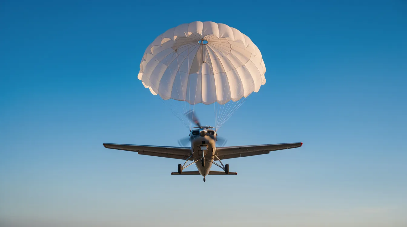 A small Cirrus aircraft is gracefully descending under a large deployed parachute canopy against a clear blue sky, showcasing the innovative Cirrus airframe parachute system designed for safety in personal aviation. This scene highlights the commitment of Cirrus Design Corporation to ensuring safe returns for general aviation aircraft.