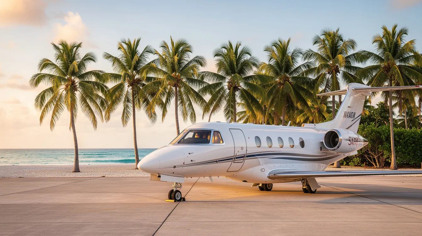 A small personal jet, resembling a Cirrus aircraft, is parked on a runway with a scenic view of a tropical beach and palm trees in the background, showcasing the allure of general aviation and personal aviation lifestyles. The image captures the essence of luxury travel and innovation in the aviation industry.