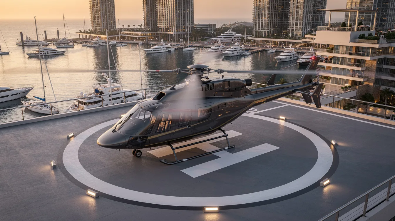 A twin-engine VIP helicopter is parked on a rooftop helipad, offering breathtaking aerial views of an urban harbor filled with yachts below. This scene highlights the allure of private helicopter charters and scenic helicopter tours, perfect for creating unforgettable memories during special occasions.