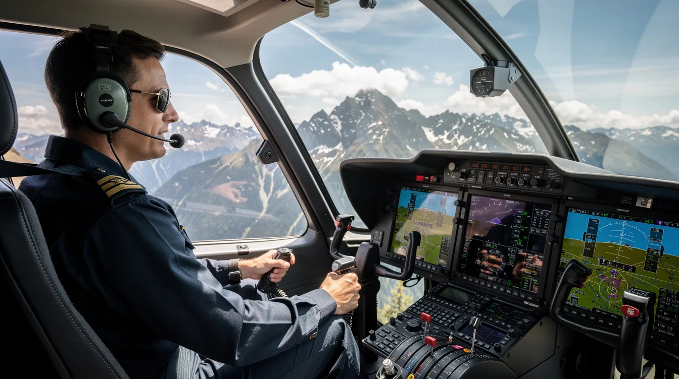 A professional pilot sits in a modern helicopter cockpit, surrounded by an advanced digital instrument panel, while breathtaking mountain landscapes are visible through the windshield, offering a unique perspective for scenic helicopter tours. This image captures the essence of helicopter flight, promising an unforgettable experience and stunning aerial views.