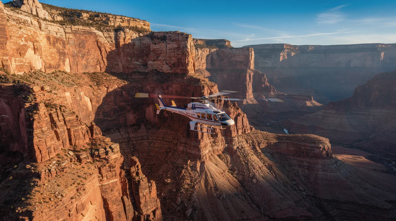 A helicopter glides gracefully past striking red canyon rock formations under a clear blue sky, offering breathtaking aerial views that highlight the beauty of the landscape. This scenic helicopter flight promises an unforgettable experience, perfect for capturing stunning memories of iconic landmarks from above.