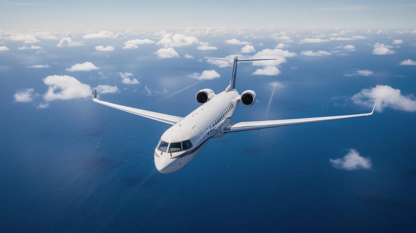 A large private jet soars above a deep blue ocean, with scattered white clouds forming a picturesque backdrop. This scene captures the essence of private jet travel, highlighting the luxury and efficiency of flying private for both business and leisure.