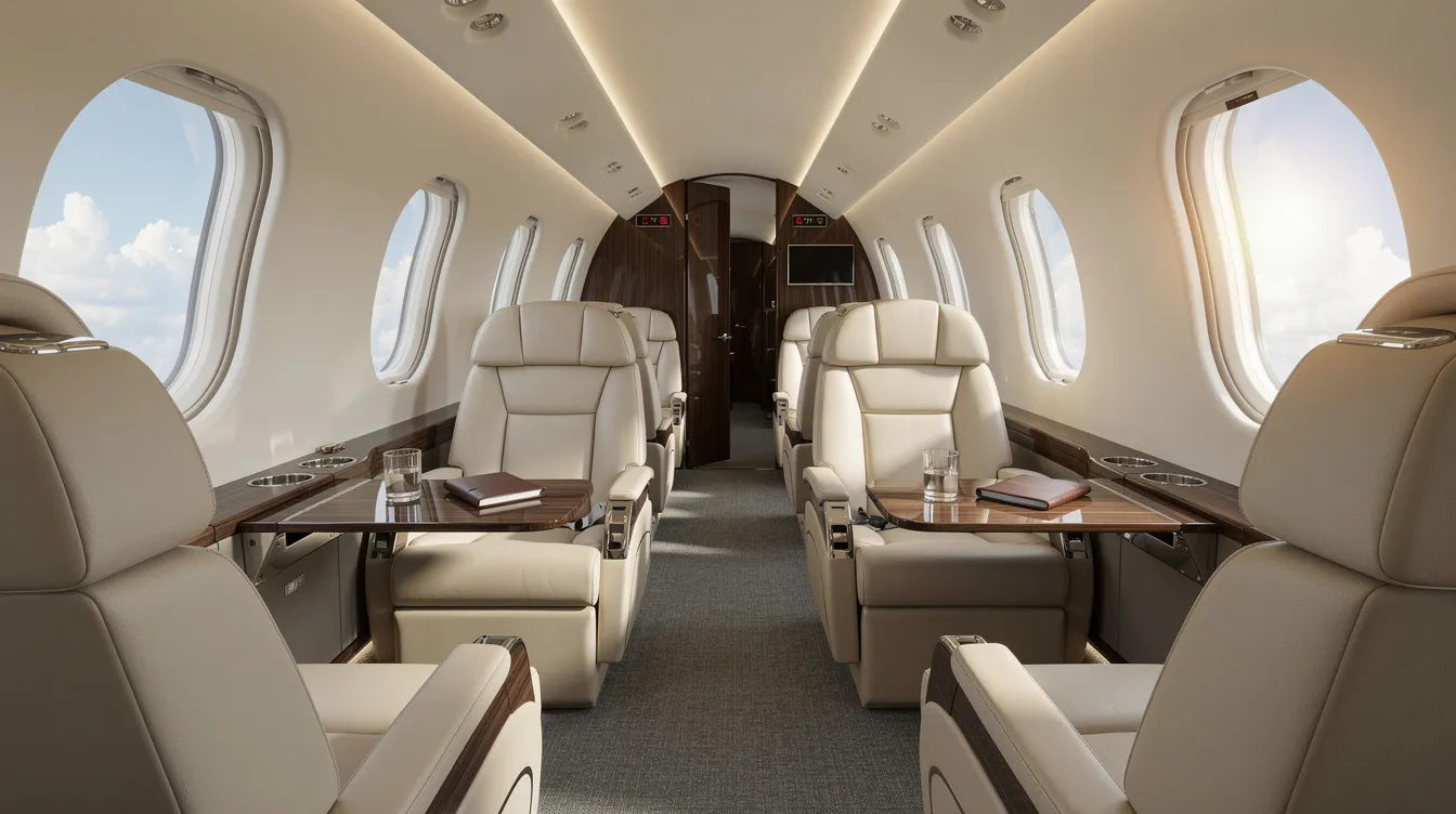 The image depicts the interior of a modern private jet cabin featuring cream leather seats, elegant wood trim, and large windows showcasing fluffy clouds outside, ideal for luxurious private jet travel. This inviting space exemplifies the comfort and sophistication associated with private jet charters, making it perfect for both business and leisure travel.