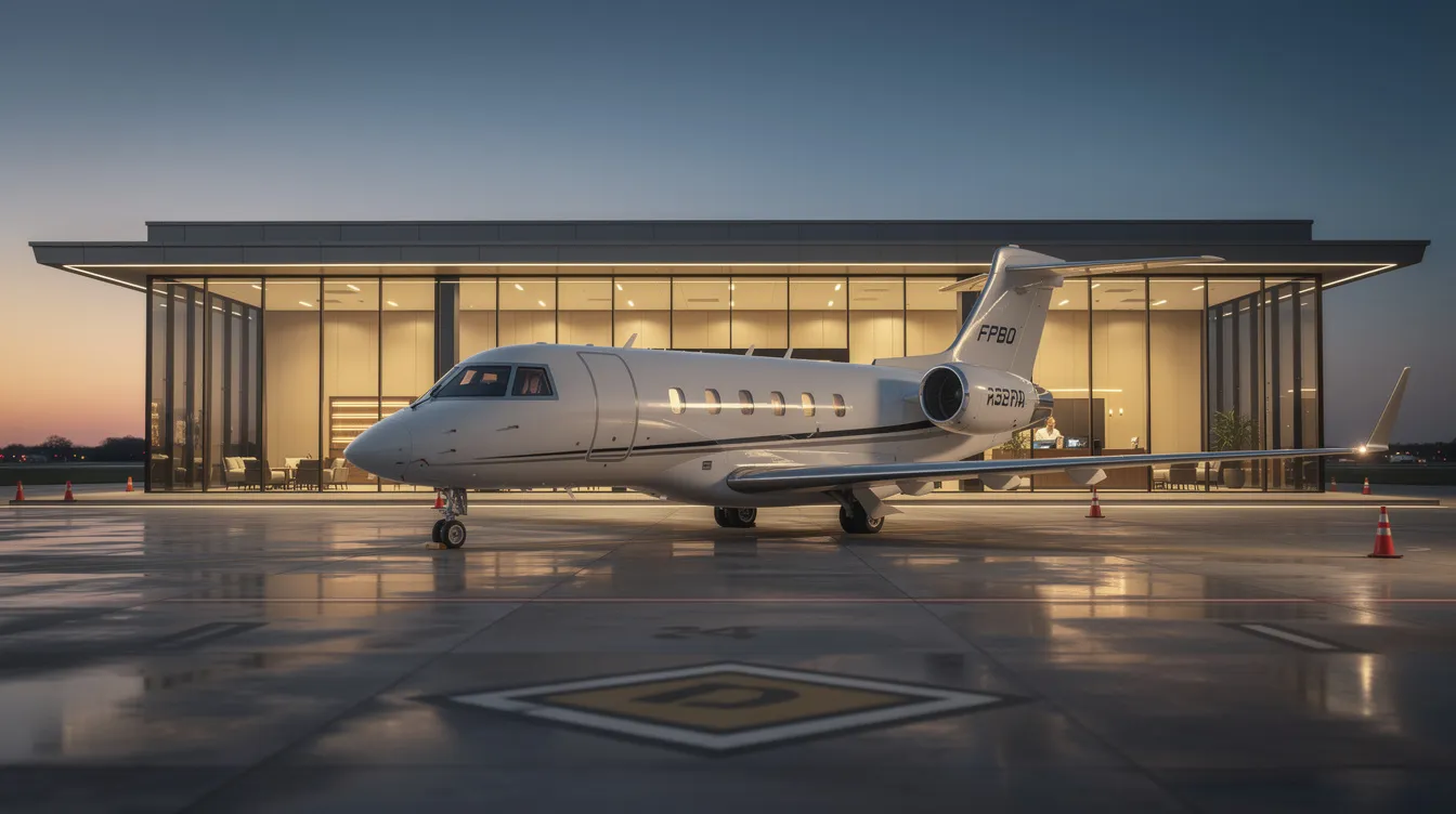 A private jet is parked at a sleek modern FBO terminal building at dusk, with warm interior lighting glowing through the terminal windows, creating a welcoming atmosphere for private jet travel. This scene highlights the luxury and convenience of private jet charters, ideal for both business and leisure travel.