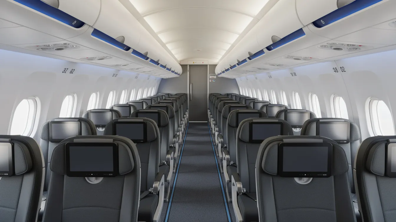 The image depicts the interior of a narrow body aircraft, specifically a Boeing 737-800, showcasing rows of economy class seats arranged in a 3-3 configuration. The cabin features spacious seating with movable armrests and entertainment options, designed to enhance passenger comfort on medium haul routes.