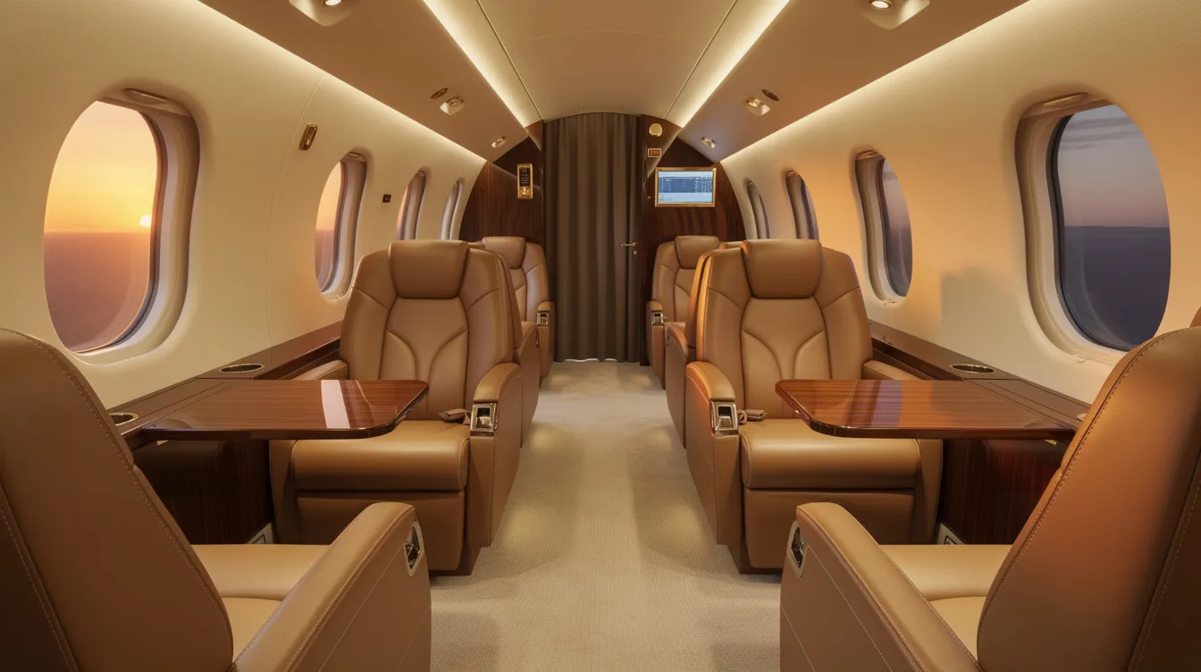 The image depicts a luxurious private jet interior featuring leather club seats arranged to face each other, creating an intimate setting, complemented by warm cabin lighting. This spacious seating arrangement provides passengers with a premium experience, ideal for medium haul routes.