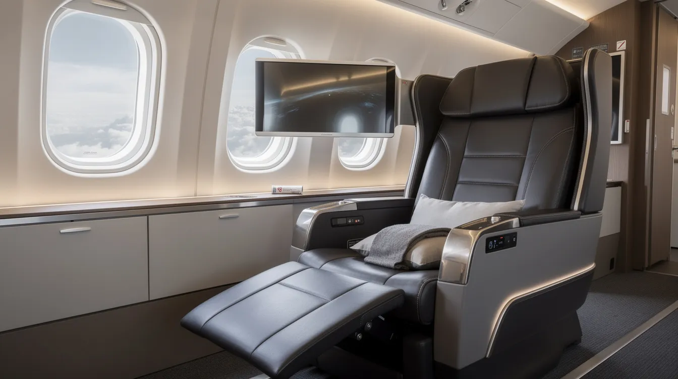 The image depicts a spacious first-class recliner seat inside a commercial aircraft cabin, featuring luxurious leather upholstery and ergonomic seating design. The seat offers ample legroom and movable armrests, ensuring a comfortable experience for passengers traveling on medium haul routes in a Boeing 737 800.