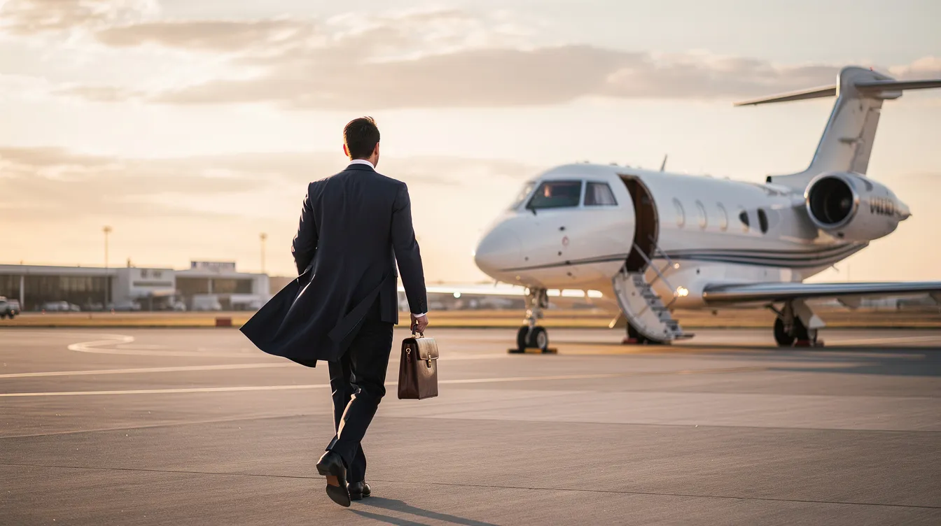 An executive is walking toward a mid-size private jet on a quiet runway, ready for a journey with JSX, a service known for flying private and offering amenities like free snacks and extra legroom. The scene captures the tranquility of smaller regional airports, emphasizing the convenience of private terminals for travelers.