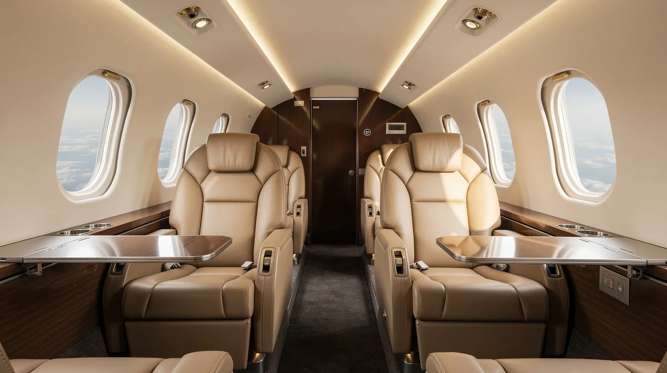The image depicts the interior of a small jet featuring wide leather seats arranged in a single-aisle configuration, ideal for JSX passengers seeking comfort during their flight. The cabin design emphasizes extra legroom and a cozy atmosphere, perfect for travelers on short haul flights to destinations like Las Vegas or Orange County.
