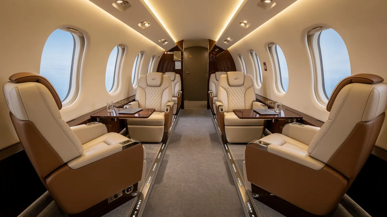 The image depicts the interior of a modern private jet cabin, featuring luxurious leather seats and soft ambient lighting, designed for the comfort of selected customers during their transportation. This private carriage offers an exclusive atmosphere for transporting persons or property, adhering to the standards set by the Federal Aviation Administration.