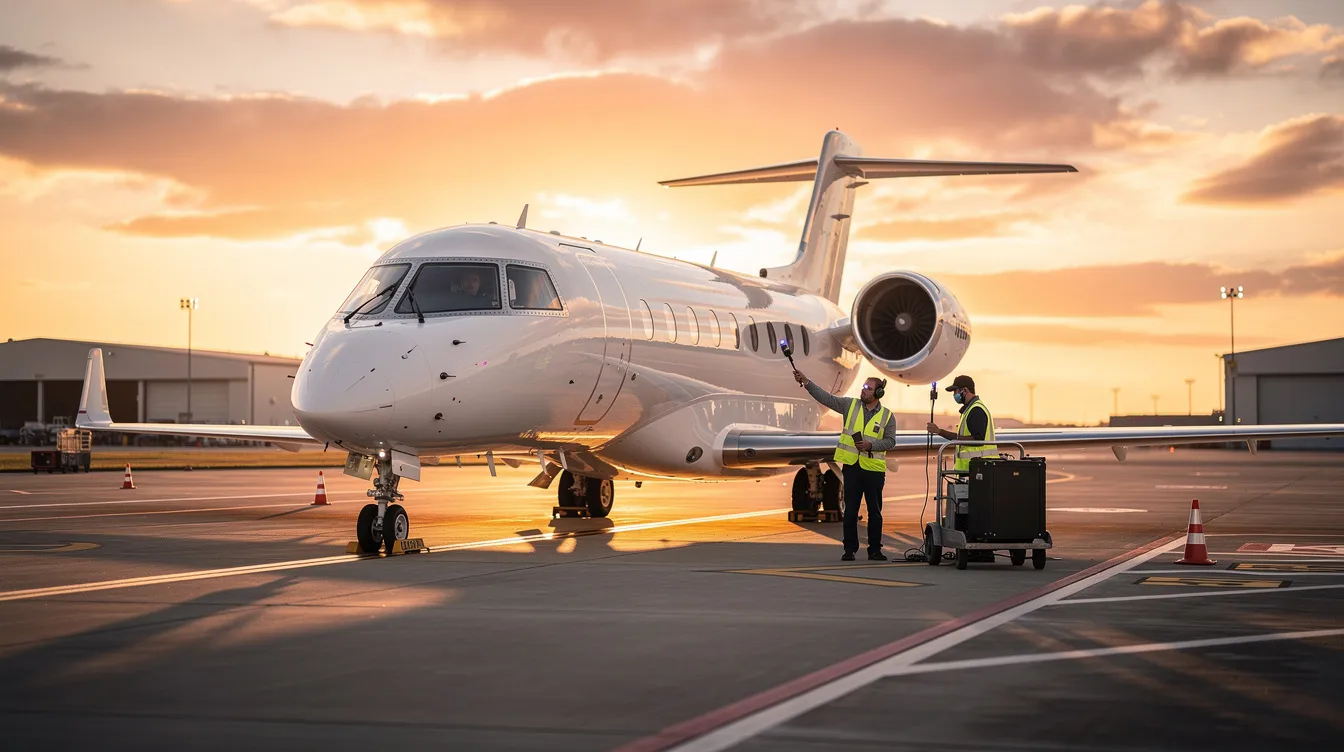 A sleek private jet is parked on the tarmac at sunset, with the warm glow of the setting sun reflecting off its polished surface. Nearby, ground crew members are preparing for the next flight, showcasing the operational control involved in private carriage transportation.