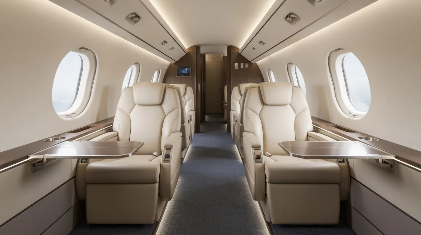 The image depicts the interior of a small jet cabin featuring leather seats arranged in a 1-2 configuration, offering generous legroom for passengers. This semi-private air carrier provides a comfortable flying experience, ideal for travelers on short haul flights.