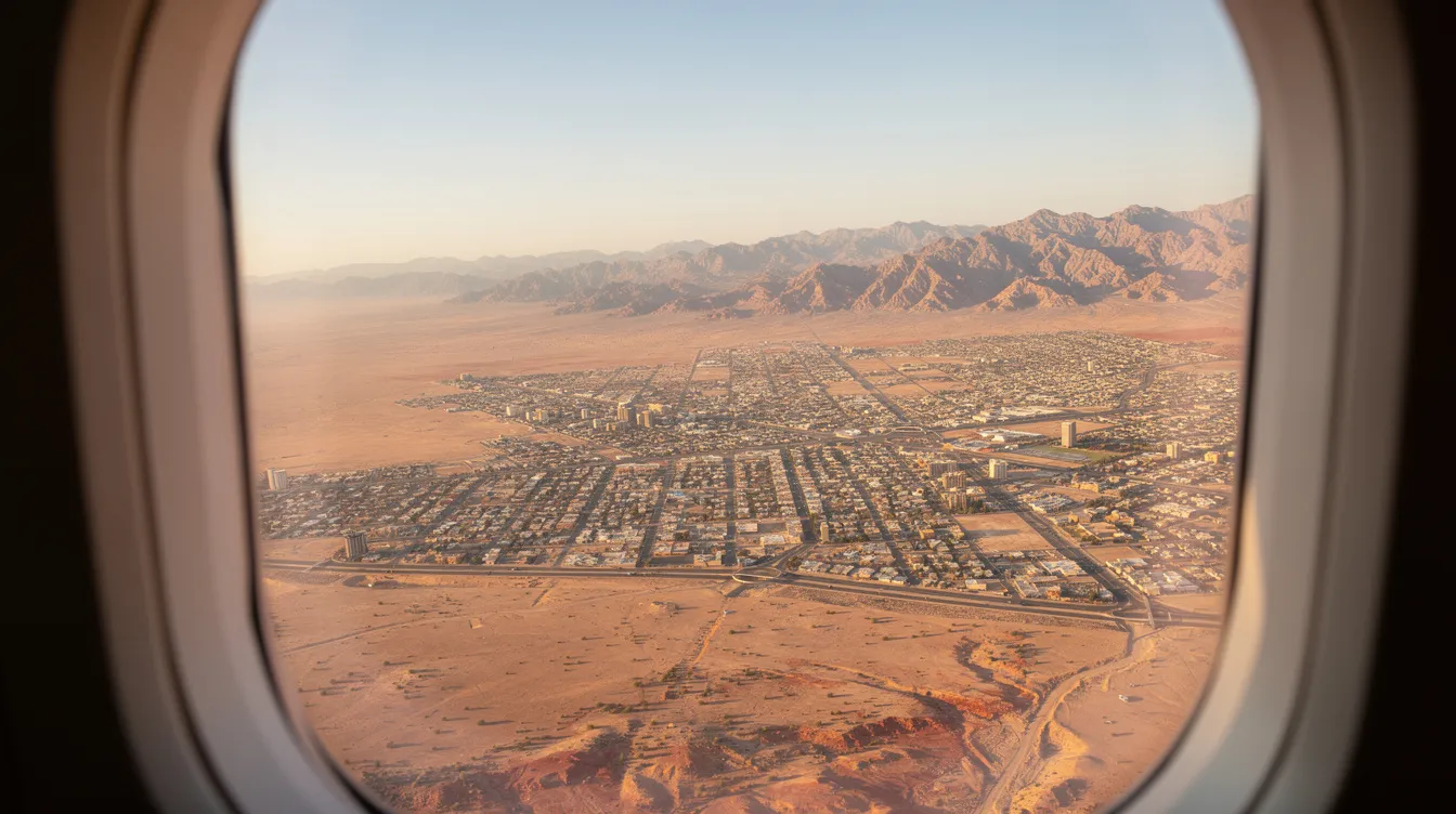An aerial view shows a sprawling desert city surrounded by rugged mountains, captured from a window seat of an aircraft, likely during a jsx flight. The scene highlights the contrast between the urban landscape and the natural terrain, offering a glimpse of the unique destinations served by semi-private air carriers like jsx.