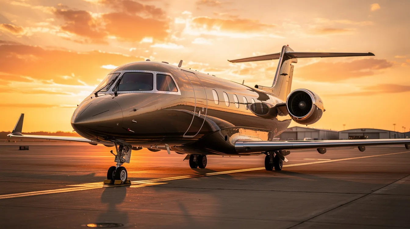 A sleek private jet sits on a tarmac at sunset, bathed in warm golden light that reflects off its fuselage, showcasing the luxury of flying private with JSX. The scene captures the essence of semi-private air travel, highlighting the elegance and convenience of boarding from private terminals.