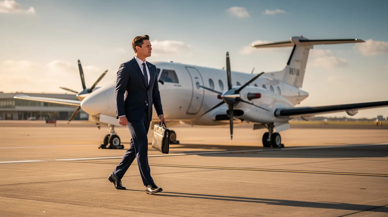 A well-dressed business professional strides confidently toward a white Beechcraft King Air twin-engine turboprop aircraft on a sunlit private tarmac, highlighting the aircraft's sleek design and spacious cabin. The scene captures the essence of business travel, emphasizing the King Air's versatility and comfort for discerning passengers.
