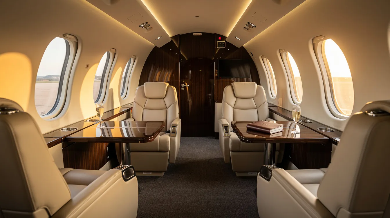 The image depicts the interior of a luxury Beechcraft King Air turboprop aircraft, featuring cream leather club seats and elegant wood veneer tables. Large oval windows allow warm light to fill the spacious cabin, enhancing the comfort for business travelers.