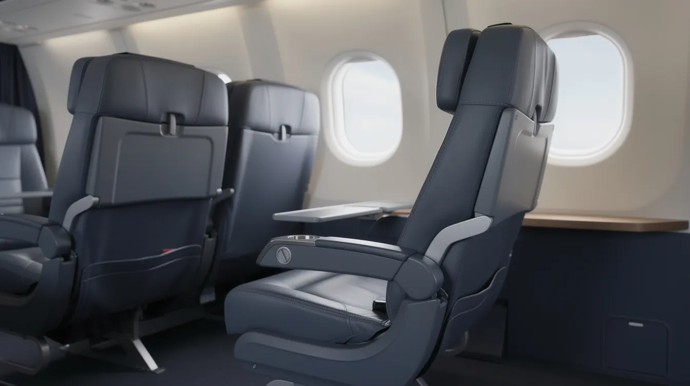 A close-up view of wide leather airplane seats showcases the generous legroom typical of a small aircraft cabin, offering a comfortable and streamlined experience for passengers. The luxurious seating arrangement emphasizes the business class legroom provided by JSX flights, ensuring a pleasant trip for travelers.