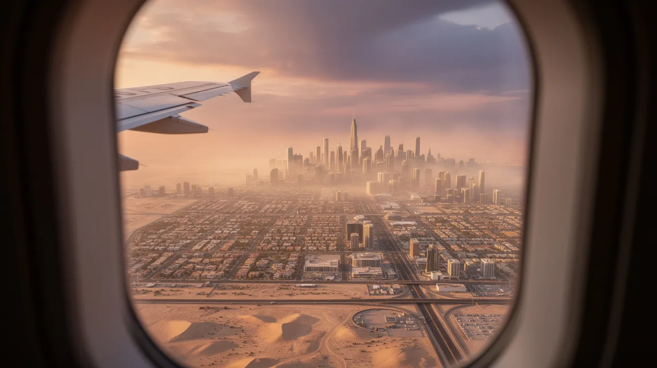 An aerial view captures a stunning desert city skyline at sunset, visible through an airplane window, showcasing the vibrant colors of the sky. This serene scene highlights the beauty of travel, emphasizing the seamless experience offered by airlines like JSX, known for their business class legroom and complimentary gourmet snacks.
