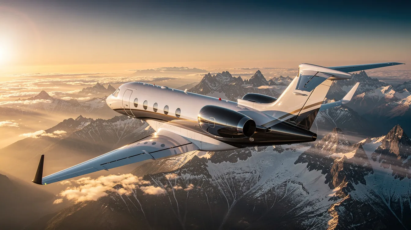 A sleek modern private jet soars above majestic snow-capped mountains during golden hour, casting a warm glow over the landscape. This image captures the essence of luxury travel, perfect for those considering unlimited flight passes for their next journey.
