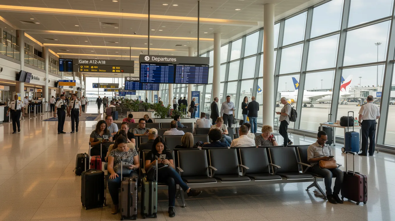 The image depicts a bustling commercial airport terminal filled with passengers waiting at various departure gates, showcasing a mixture of travelers preparing for both domestic and international flights. The crowded scene highlights the excitement and anticipation of journeys, as individuals navigate through the terminal with their bags and tickets in hand.