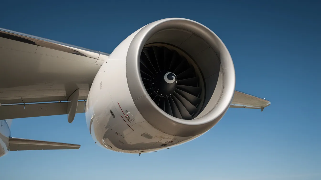 The image shows a massive GE9X jet engine mounted on the wing of a Boeing 777X, viewed from below against a clear blue sky, highlighting its aerodynamic efficiency and advanced technology. This large commercial aircraft, part of the 777 family, is designed for improved range and fuel efficiency, making it a key player in the aviation industry.