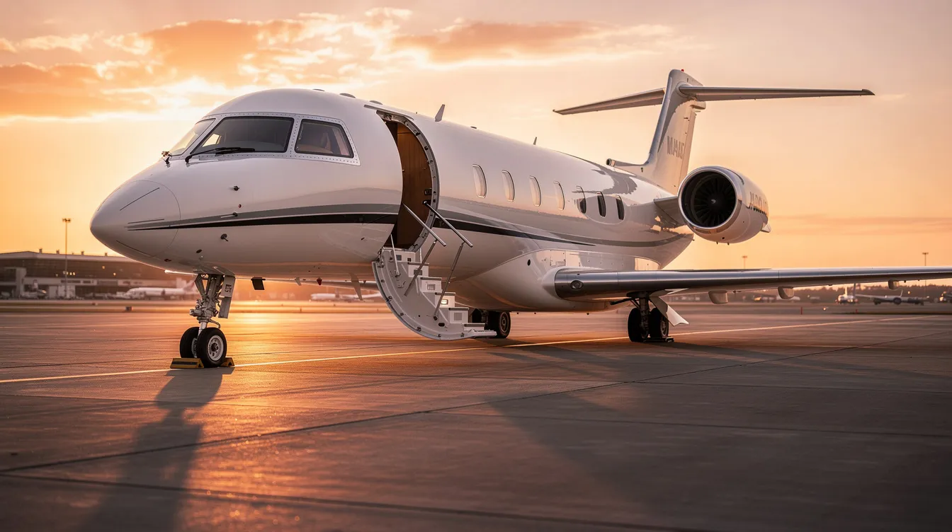 A sleek private jet with an aerodynamic fuselage is parked on a tarmac at sunset, its stairs extended and warm golden light reflecting off its surface. This aircraft, designed for efficiency and luxury, showcases the advancements in aviation technology, highlighting the future of air travel.